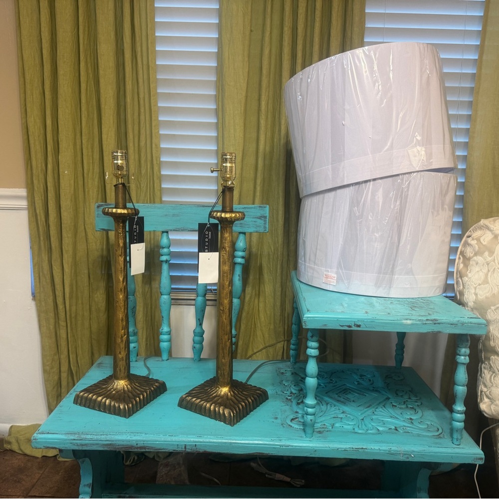 Gold/Bronze heavy “stick” lamps set of 2 with Shades NWT $60 for BOTH!